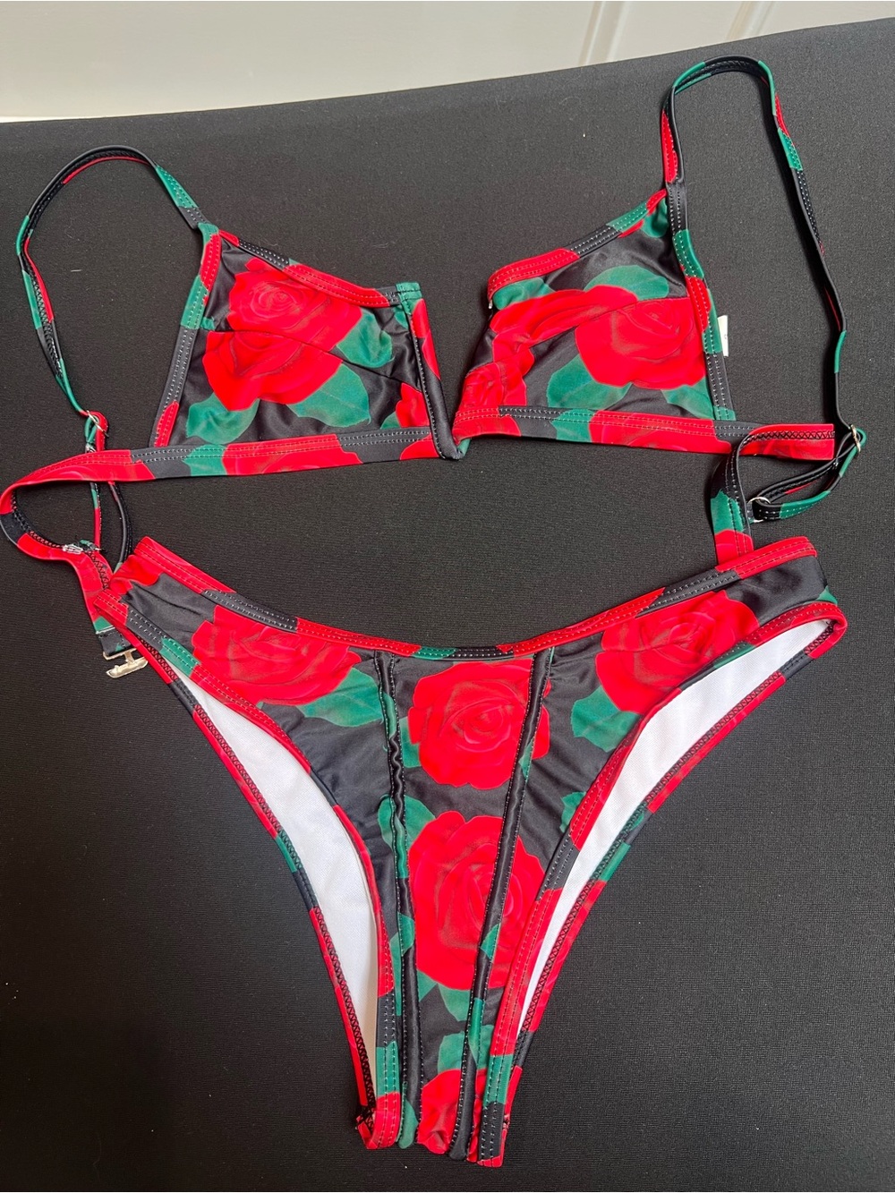Source Unknown Black Bikini with Red Rose Print and Green Leaves